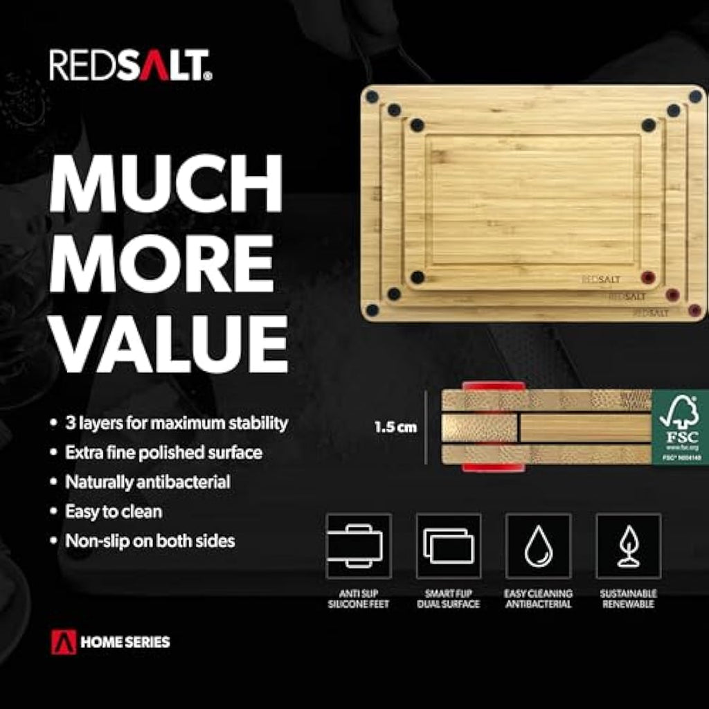 REDSALT Organic Bamboo Chopping Board Set of 3 – Non-Slip Kitchen Boards