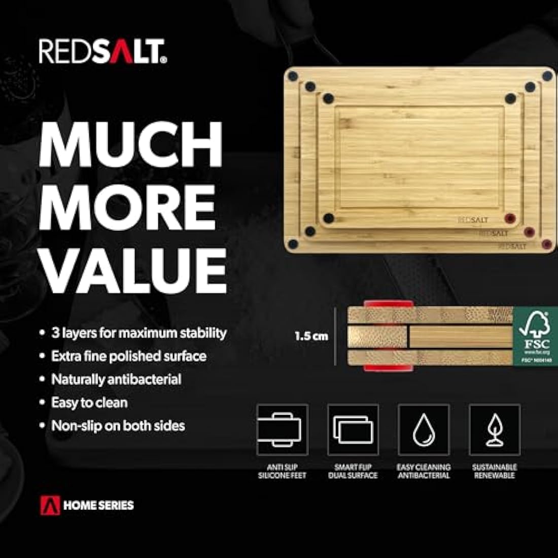 REDSALT Organic Bamboo Chopping Board Set of 3 – Non-Slip Kitchen Boards