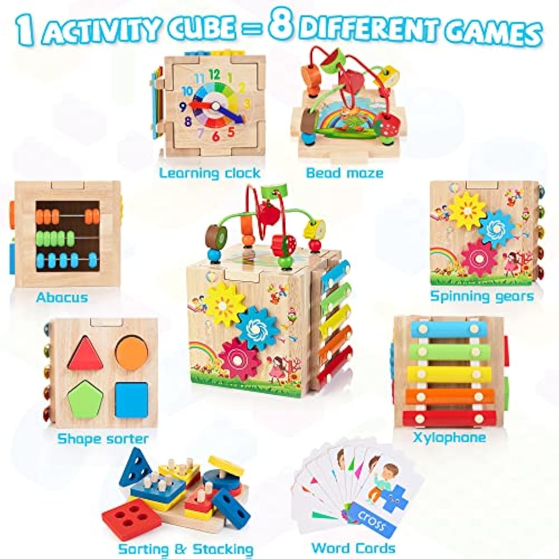 Jolof Store 8-in-1 Wooden Activity Cube Montessori Toy for Toddlers