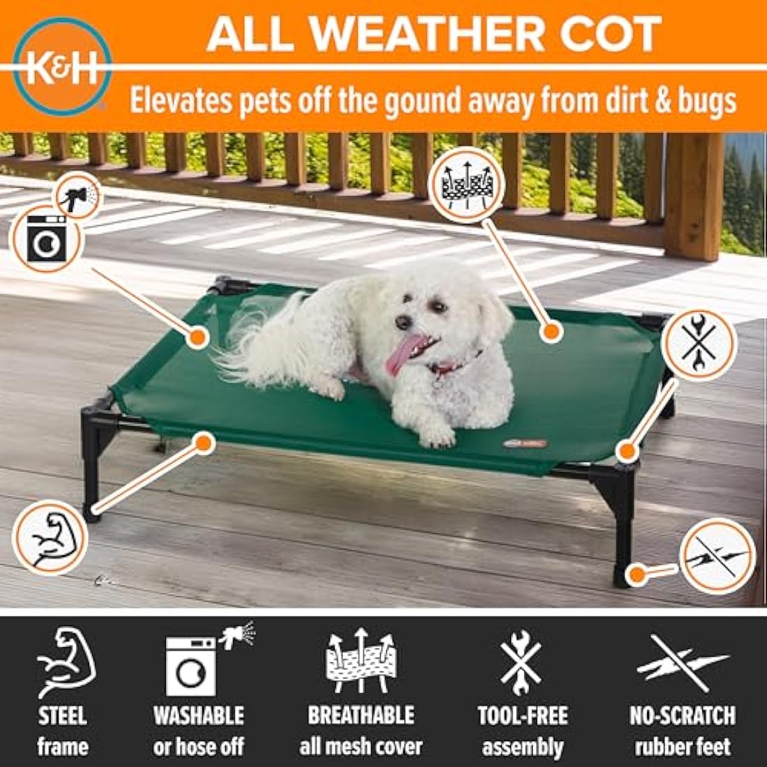 K&H Elevated Dog Bed – Raised Cooling Outdoor Pet Cot with Mesh, Medium