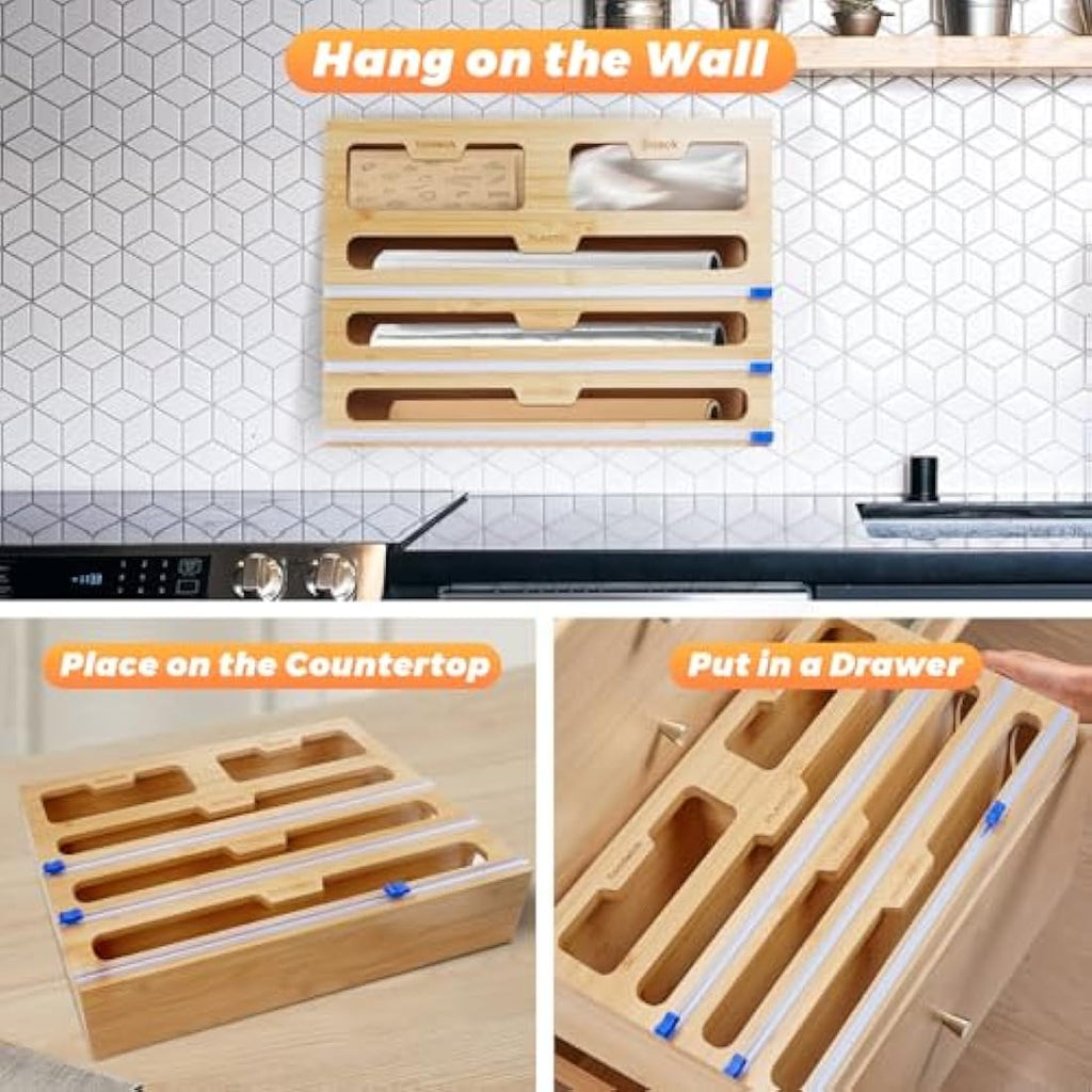 Jolof Store 5-in-1 Bamboo Foil Dispenser with Cutter | Kitchen Organizer