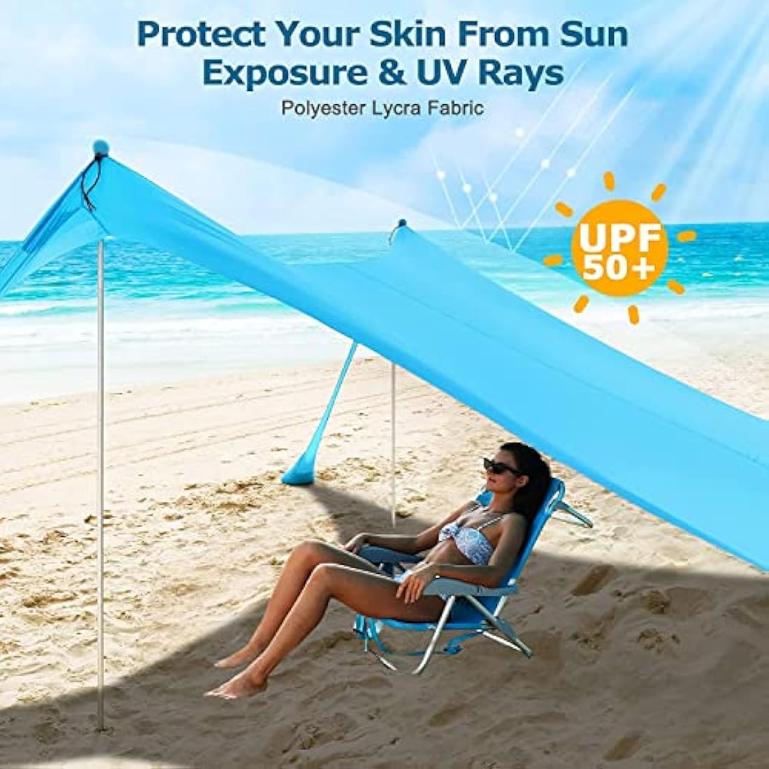 COMMOUDS Beach Tent Sun Shelter | UPF50+ Portable Canopy with 4 Poles