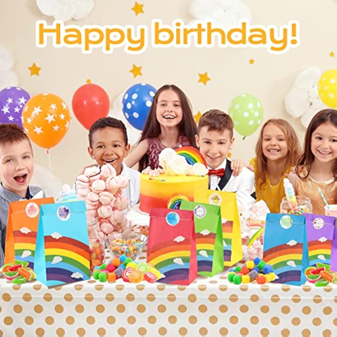 TOOELMON Rainbow Paper Party Bags – 40 Pcs Kraft Goodie Bags with Stickers