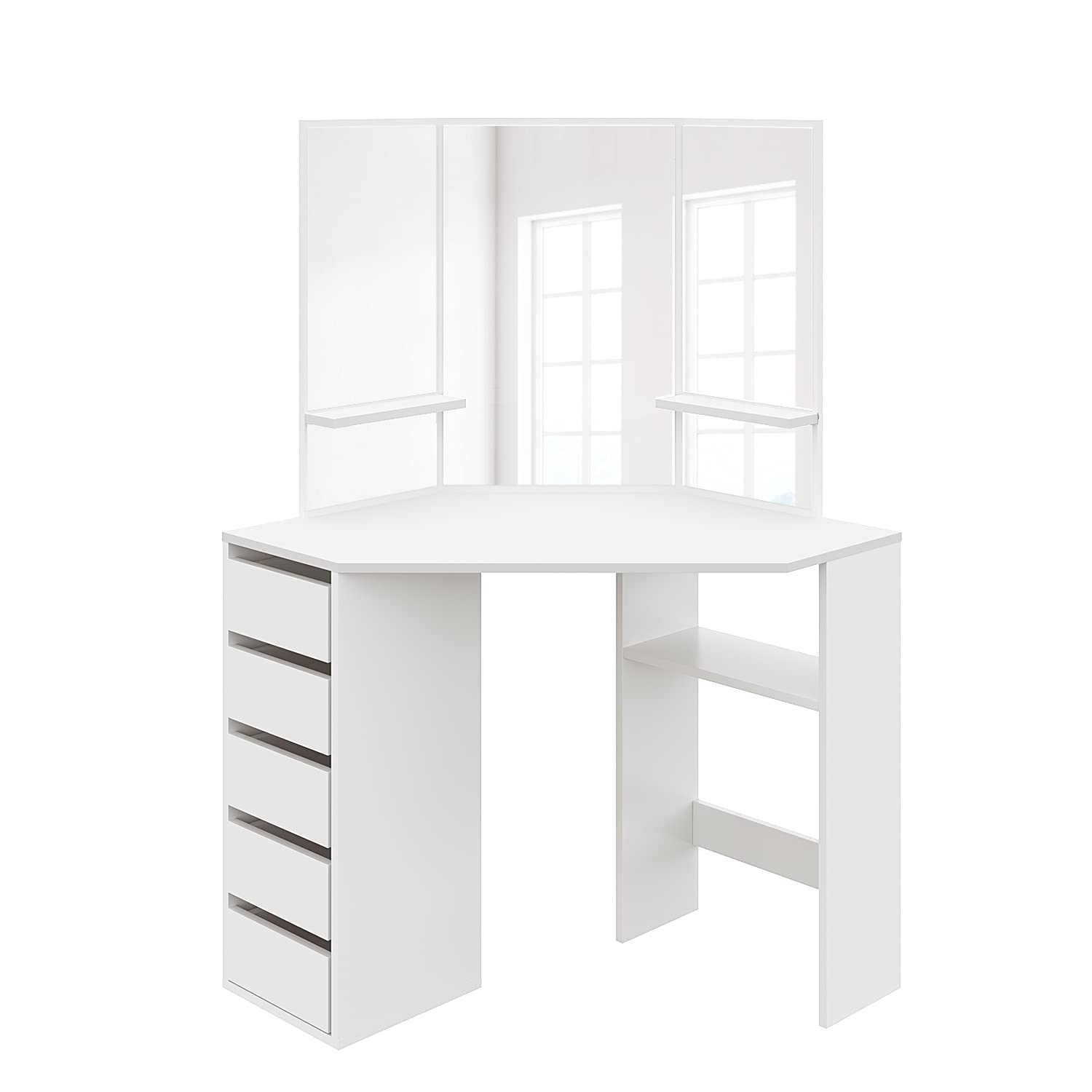 Corner Dressing Table | White Vanity Desk with 3-Angle Mirror