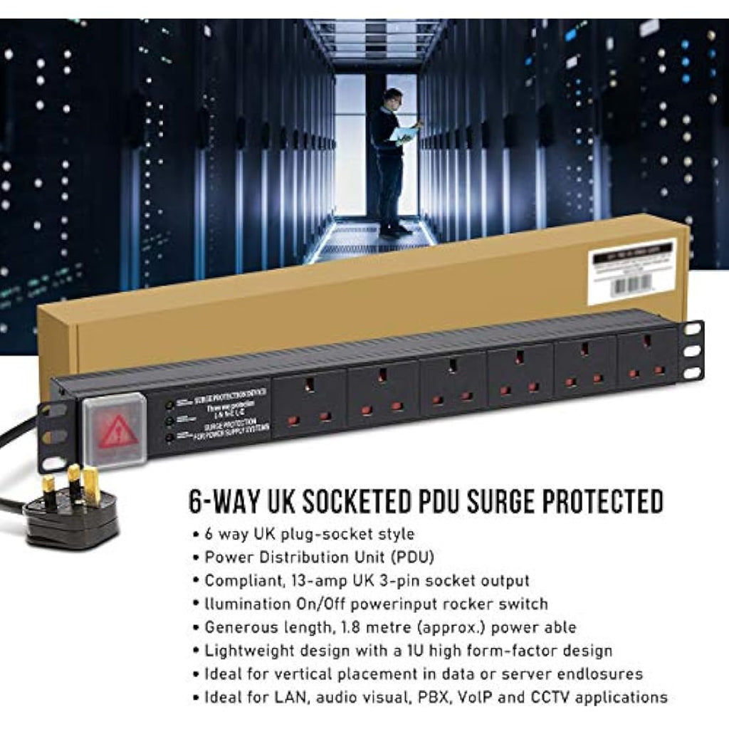 Dynamode 6-Way Rack Mount PDU – 13A Surge Protected Power Strip
