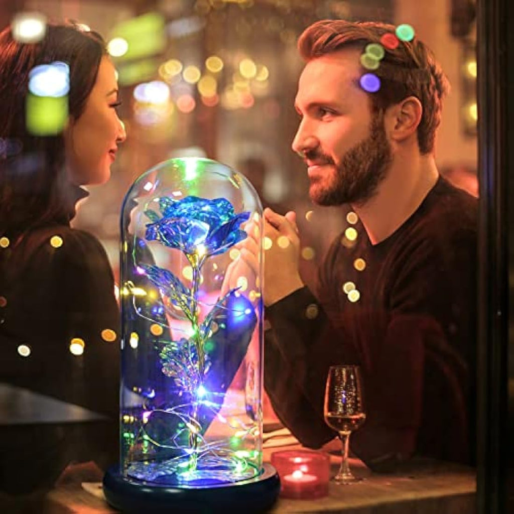 QUELIEN Galaxy Rose in Glass Dome – LED Blue Eternal Flower Gift for Her