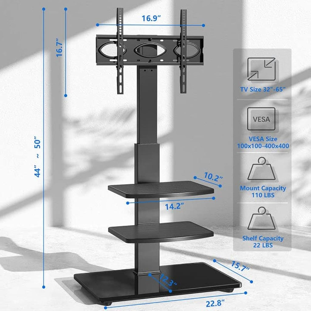 RFIVER Swivel Floor TV Stand | Height Adjustable 3-Tier Shelves for 32-70"