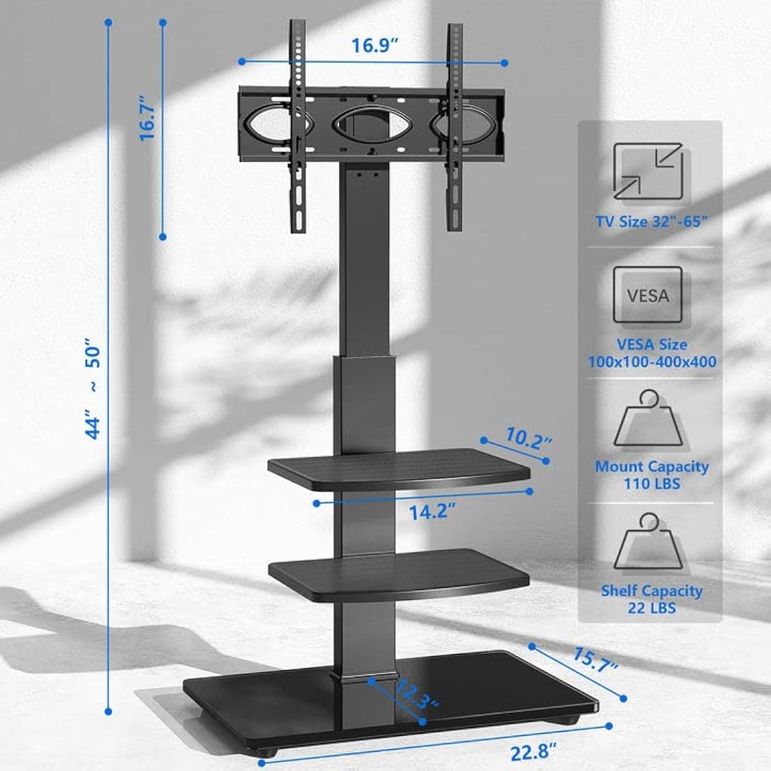 RFIVER Swivel Floor TV Stand | Height Adjustable 3-Tier Shelves for 32-70"