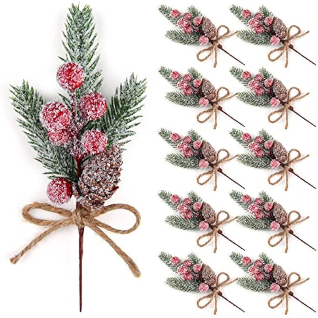 Jolof Store 10 Pcs Artificial Pine Picks with Red Berries & Pine Cones