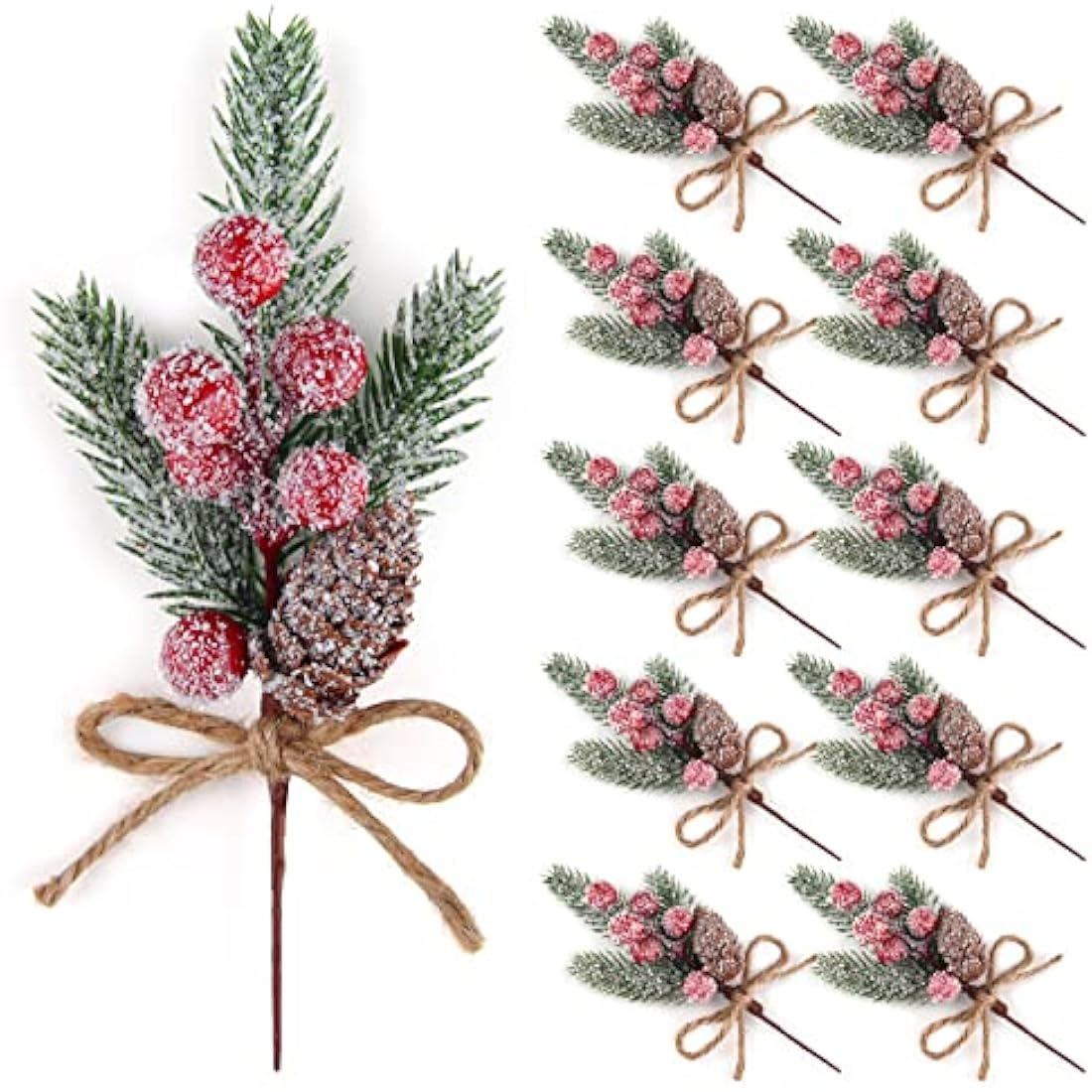 Jolof Store 10 Pcs Artificial Pine Picks with Red Berries & Pine Cones