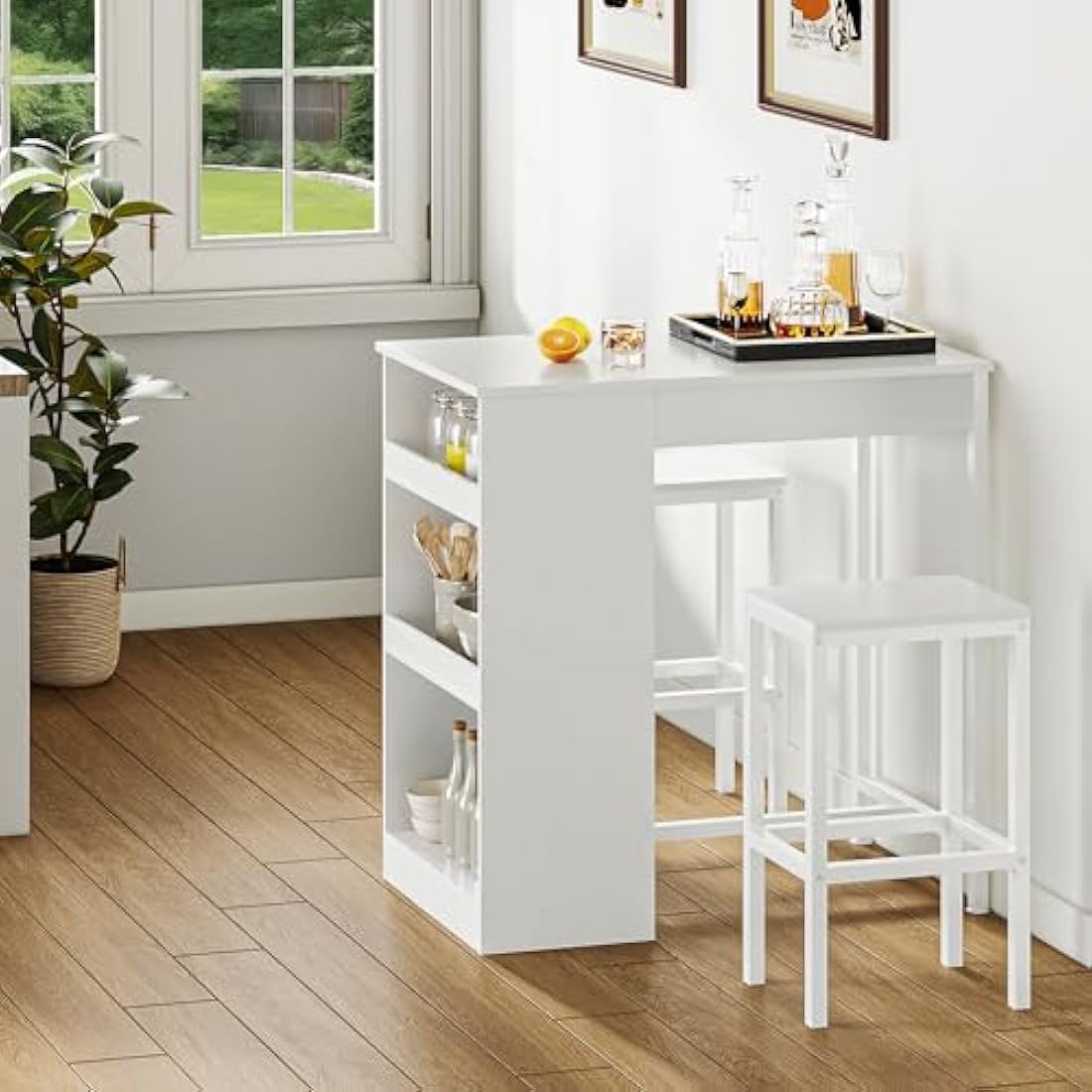 YITAHOME 3-Piece Industrial Bar Table Set with 2 Stools & Storage - White
