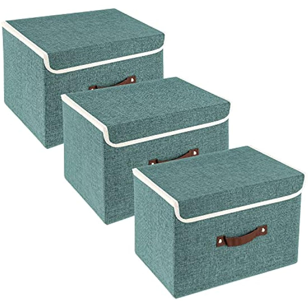 Jolof Store Fabric Collapsible Storage Boxes with Lids, Set of 3, Aqua