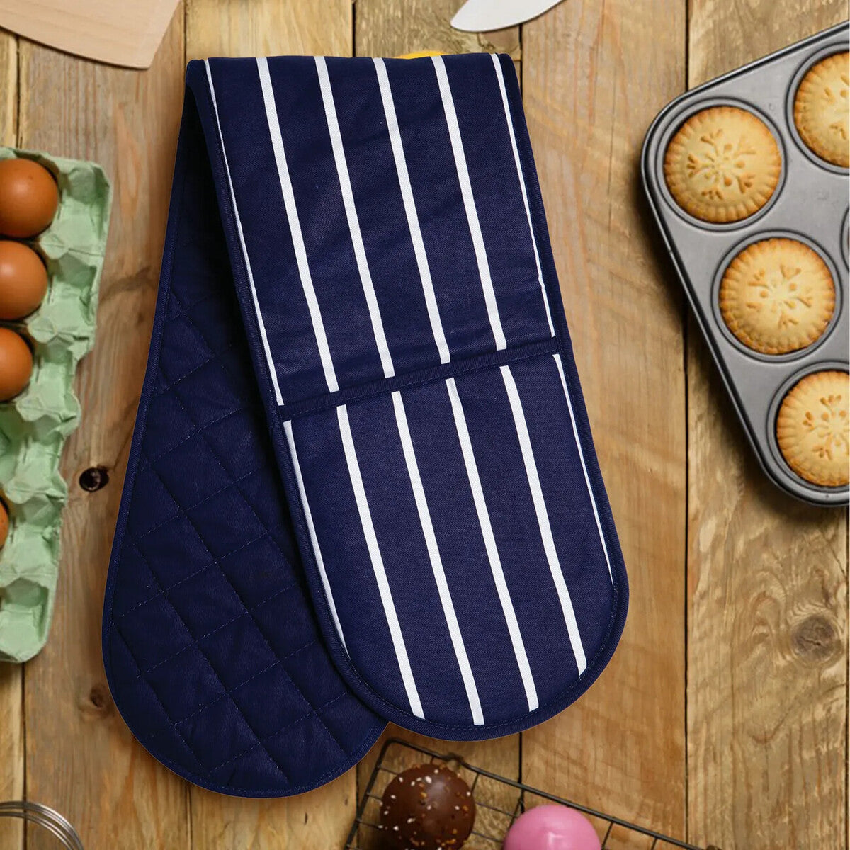 Orsina Navy Butcher Stripe Double Oven Glove | Quilted Cotton Mitt