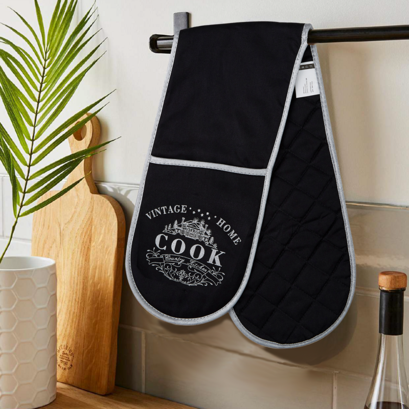 Orsina Vintage Home Double Oven Glove – Black Cotton Kitchen Mitts