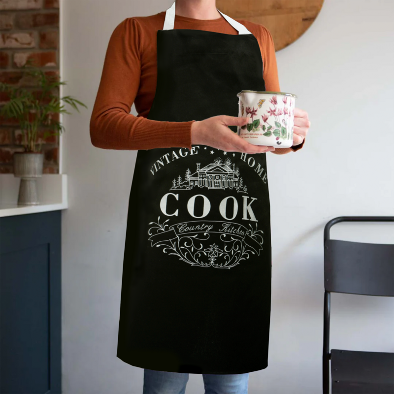 Orsina Vintage Home Black Cotton Kitchen Apron with Front Pockets
