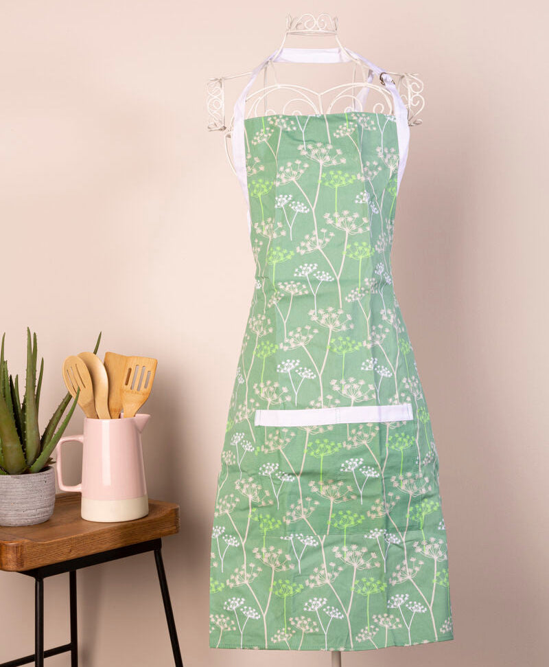 Orsina Cow Parsley Green Kitchen Apron – 100% Cotton Botanical Style