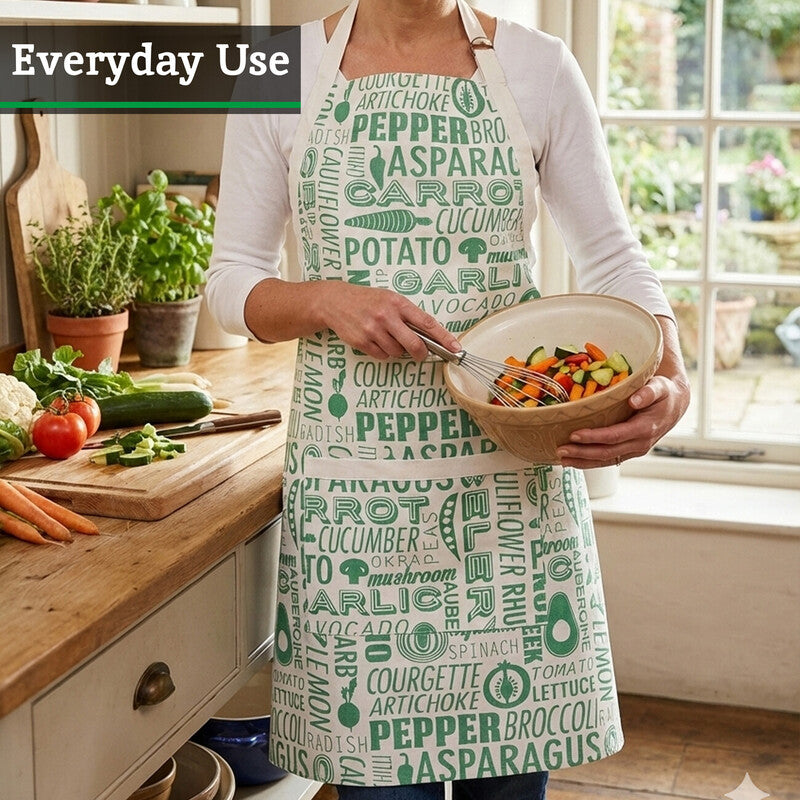 Orsina Porter Green Kitchen Apron – 100% Cotton Vegetable Print