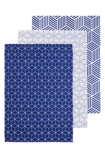 Orsina Modern Retro Cotton Tea Towels – Set of 3 Blue Geometric Patterns