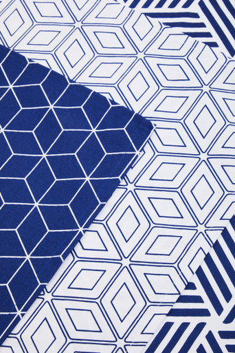 Orsina Modern Retro Cotton Tea Towels – Set of 3 Blue Geometric Patterns