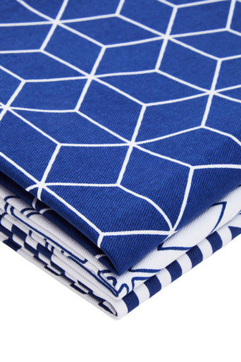 Orsina Modern Retro Cotton Tea Towels – Set of 3 Blue Geometric Patterns