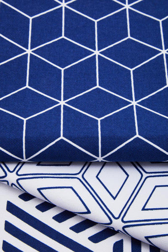 Orsina Modern Retro Cotton Tea Towels – Set of 3 Blue Geometric Patterns