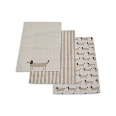 Orsina Sausage Dog Tea Towels – Set of 3 Absorbent Beige Cotton Towels