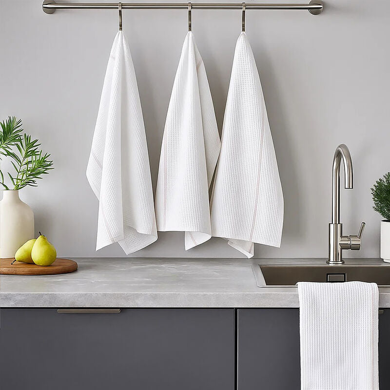 Orsina Doro Waffle Tea Towels – Set of 3 Absorbent White & Almond