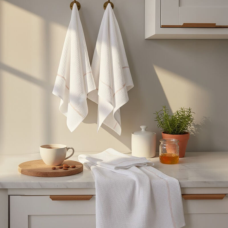 Orsina Doro Waffle Tea Towels – Set of 3 Absorbent White & Almond
