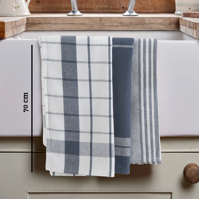 Orsina Doro Grey and White Cotton Tea Towels - Set of 3 Absorbent Cloths