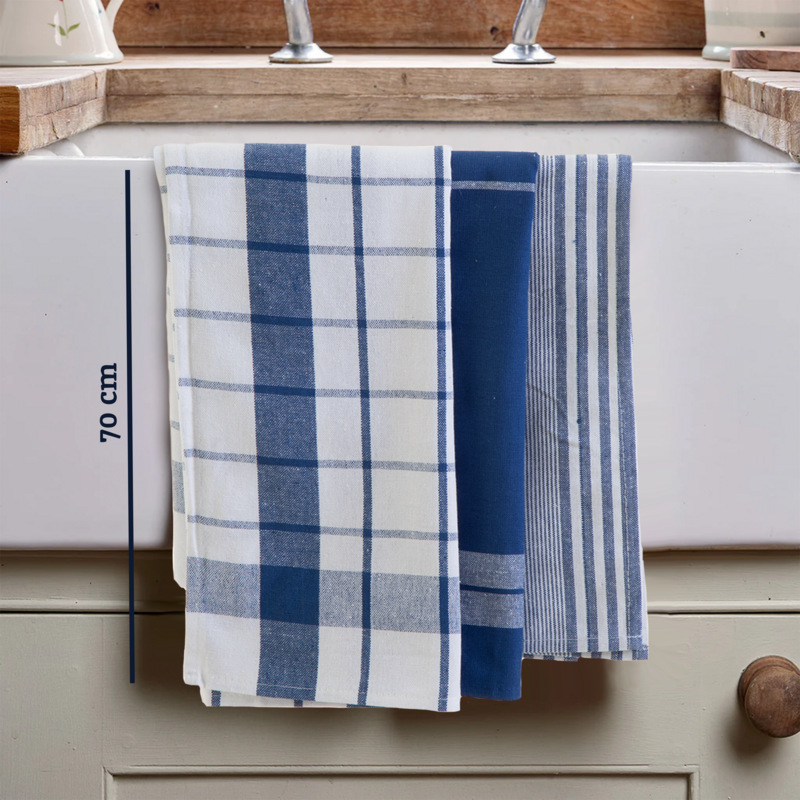 Orsina Doro Blue and White Cotton Tea Towels - Set of 3 Absorbent Linens