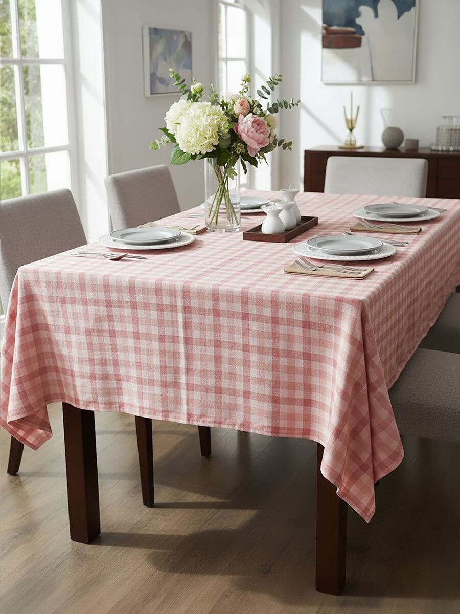 Orsina Thread and Loom Check Tablecloth – Toasted Almond and Coral