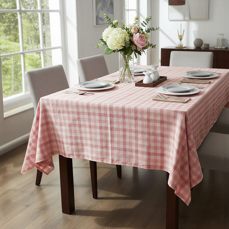 Orsina Thread and Loom Check Tablecloth – Toasted Almond and Coral