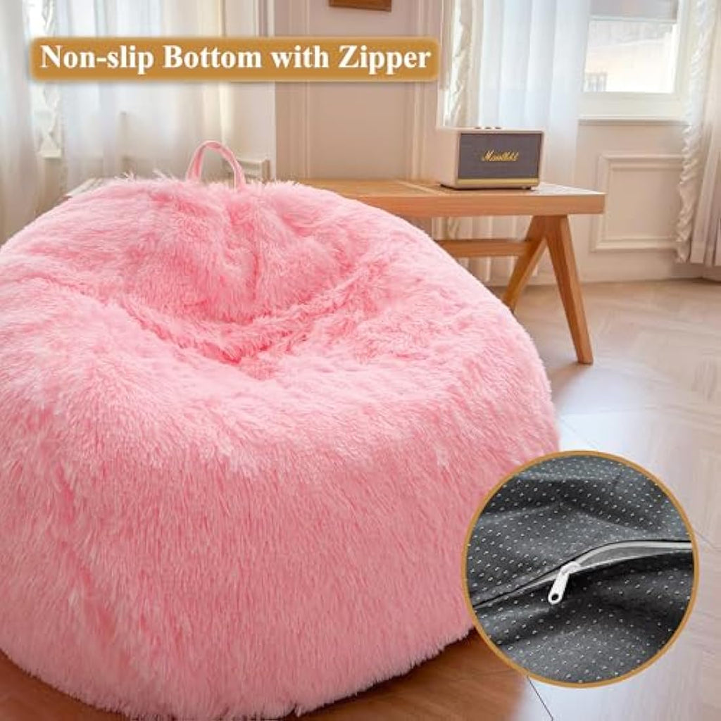 XeGe Faux Fur Bean Bag Cover – Fluffy Plush Stuffed Animal Storage, Pink