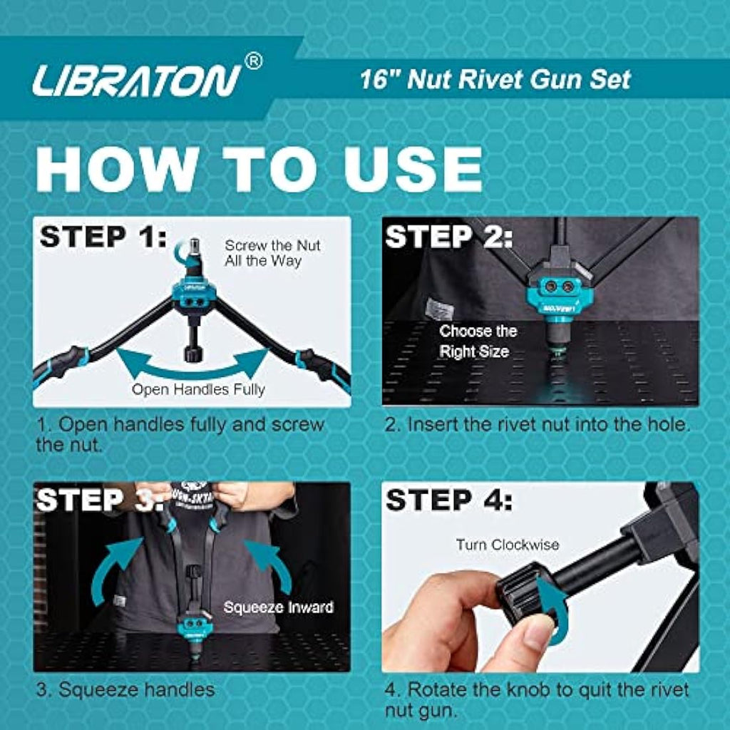 Libraton 16" Rivet Nut Tool Kit | 7 Metric Mandrels & 70 Rivet Nuts