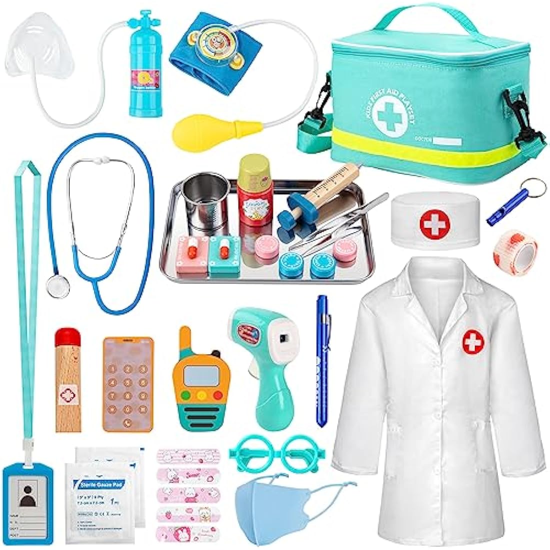 Sundaymot 34-Piece Kids Wooden Doctor Kit with Real Stethoscope