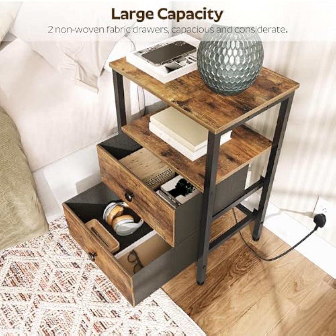 YATINEY Bedside Table with Charging Station | 2-Drawer Industrial Nightstand