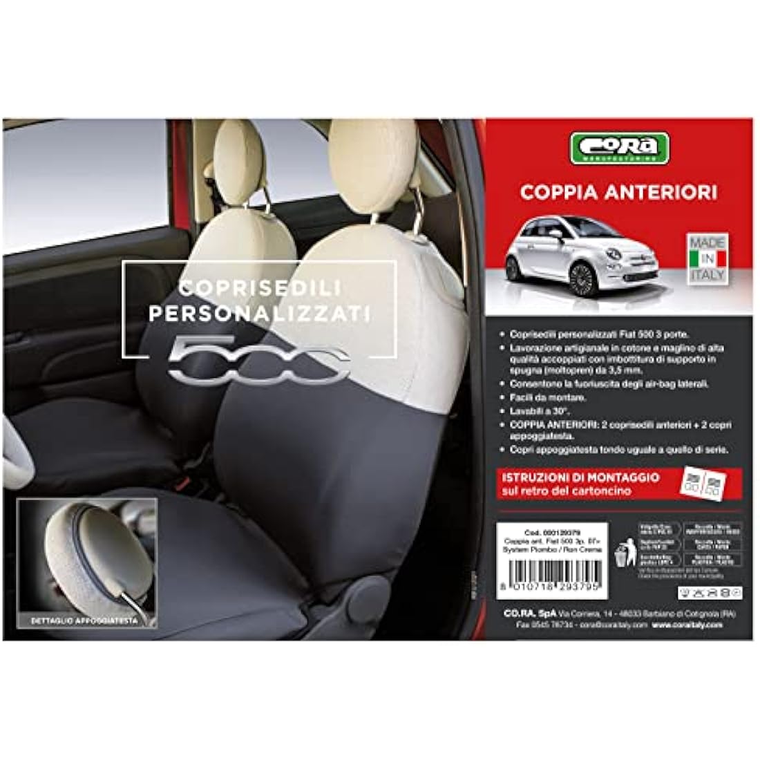 CORA Fiat 500 Front Seat Covers - Grey/Cream Italian Cotton Jersey