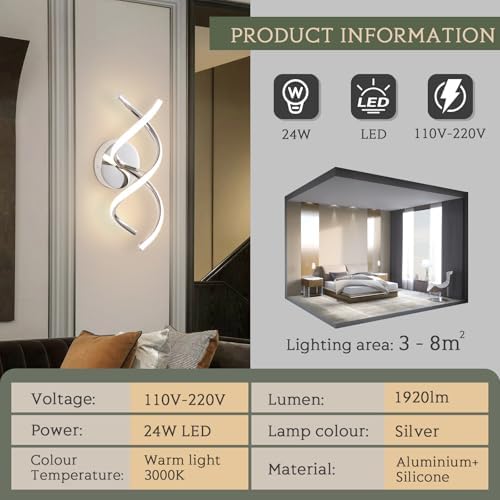 EIDISUNY Modern Spiral LED Wall Sconce – 24W Chrome Indoor Light 3000K