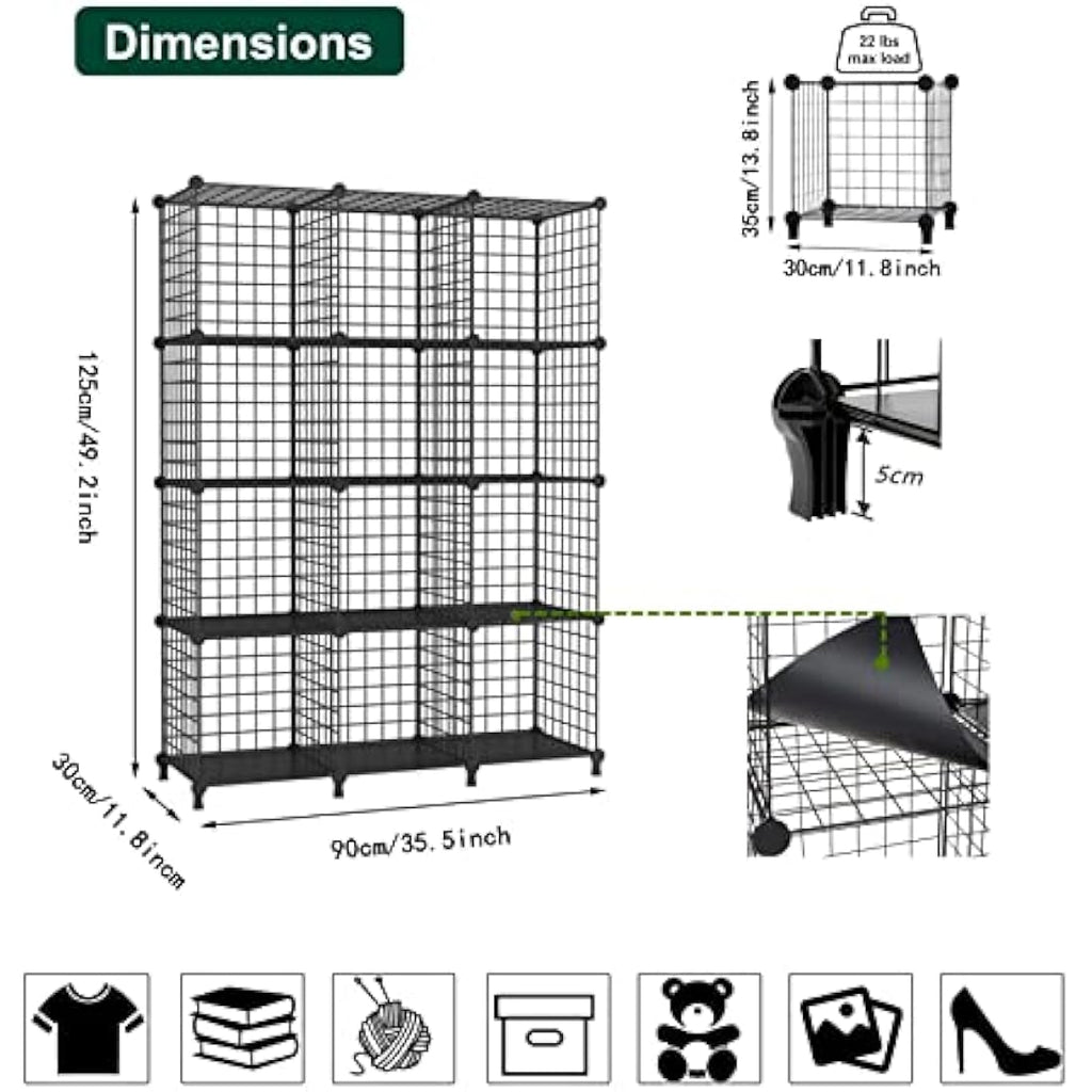 AWTATOS 12-Cube Wire Storage Shelves | DIY Modular Bookcase Unit, Black
