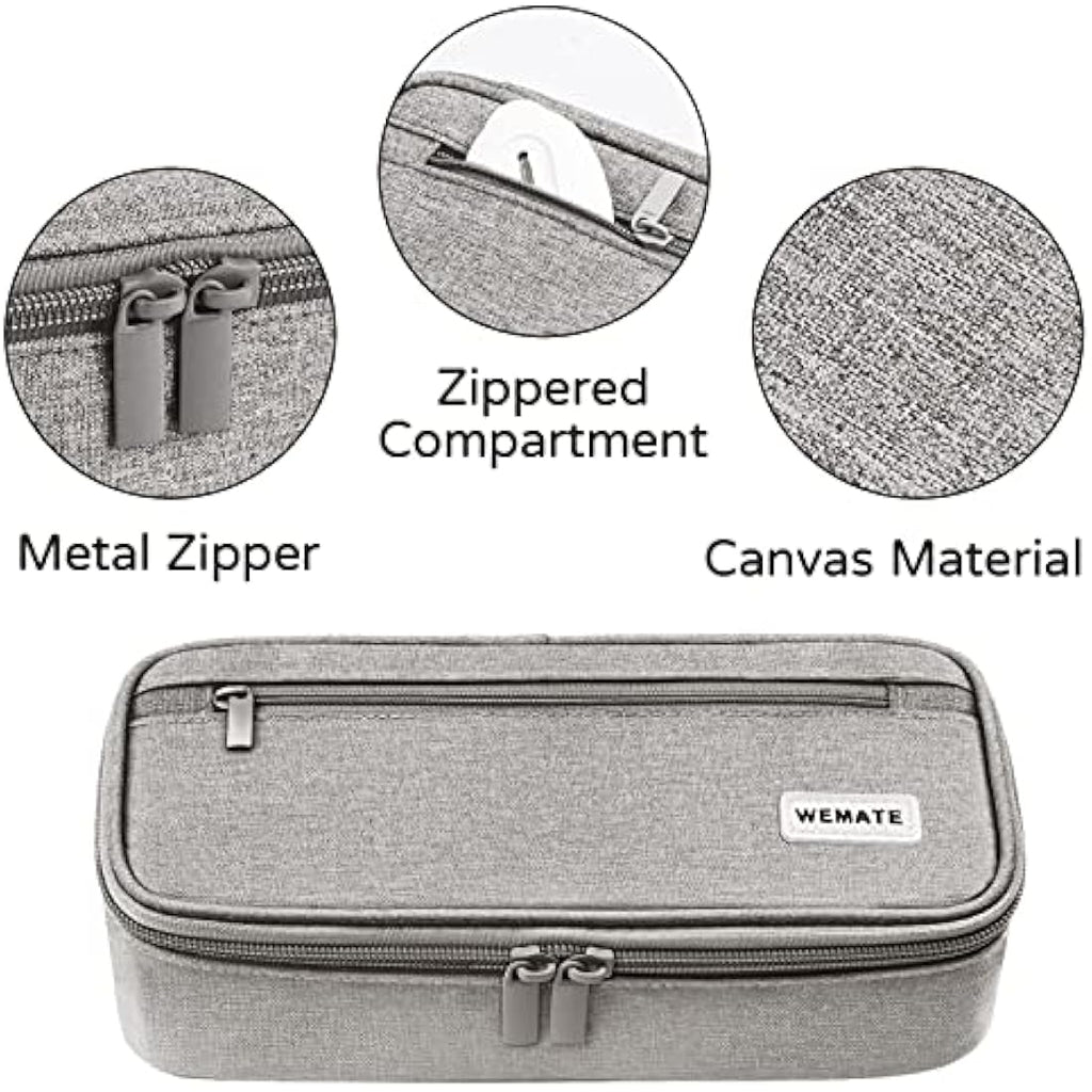 WEMATE Large Canvas Pencil Case | 5-Compartment High Capacity Pouch - Grey