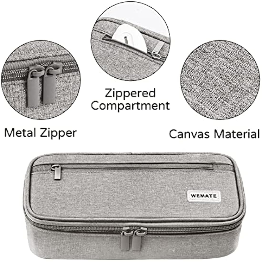 WEMATE Large Canvas Pencil Case | 5-Compartment High Capacity Pouch - Grey