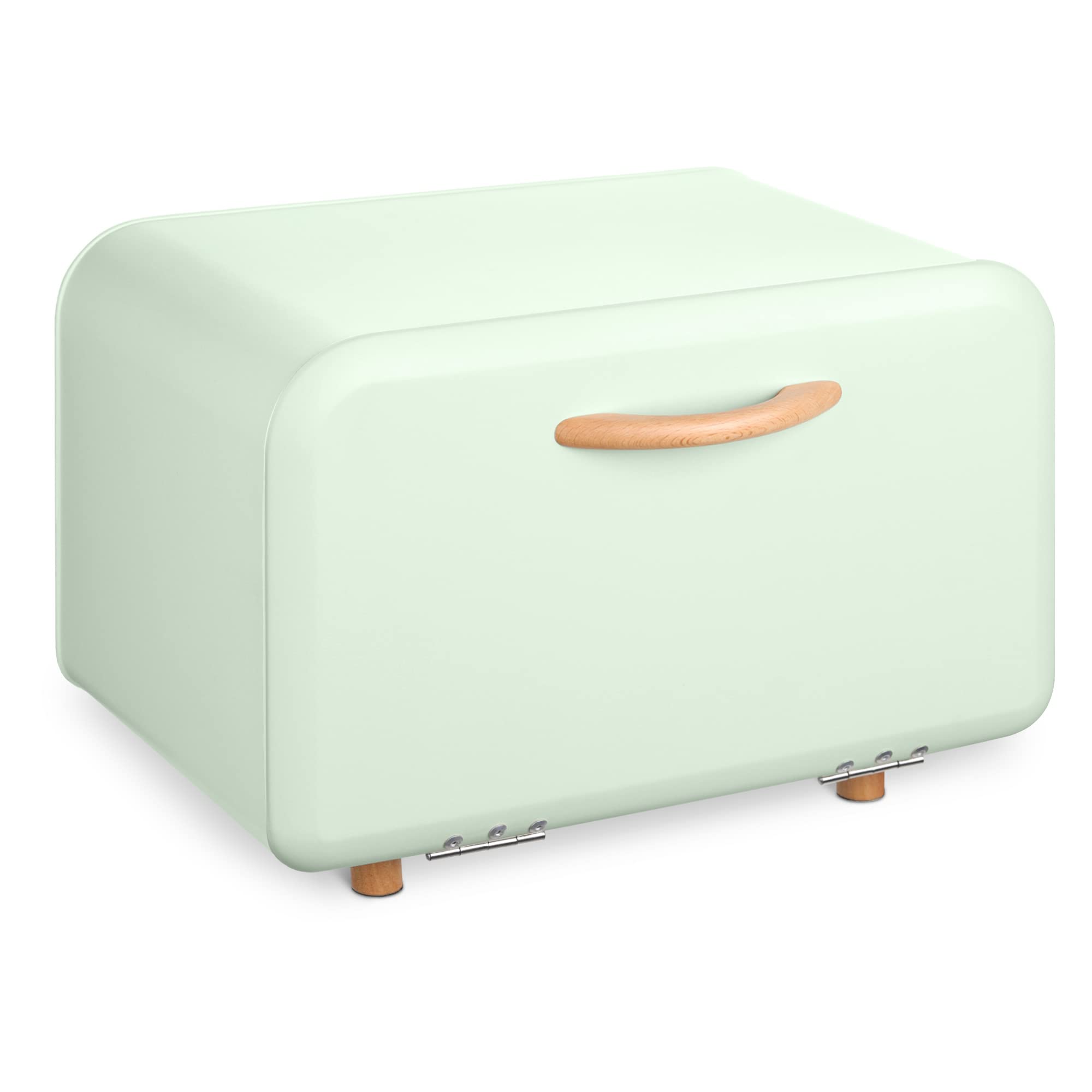 Navaris Metal Bread Bin – Mint Green Kitchen Storage Box with Beechwood