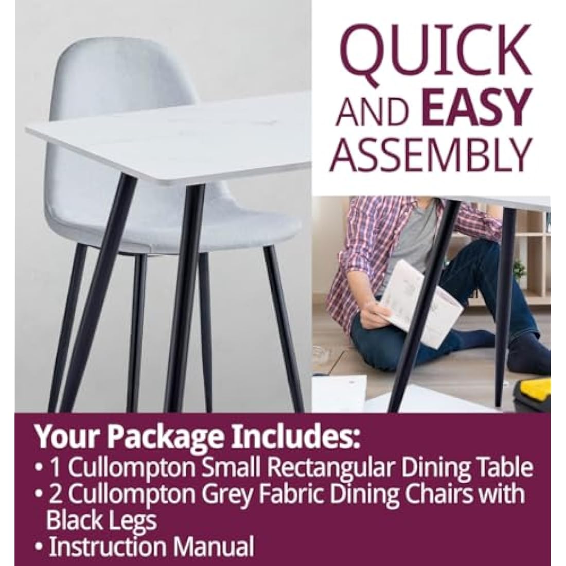 Hallowood Cullompton White Marble Dining Table and 2 Grey Fabric Chairs