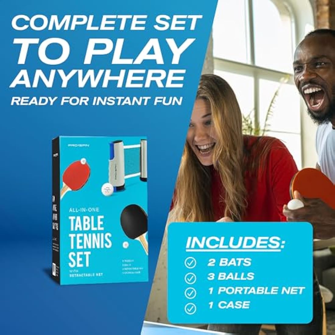 PRO SPIN Portable Table Tennis Set – Retractable Net, Bats & 3-Star Balls