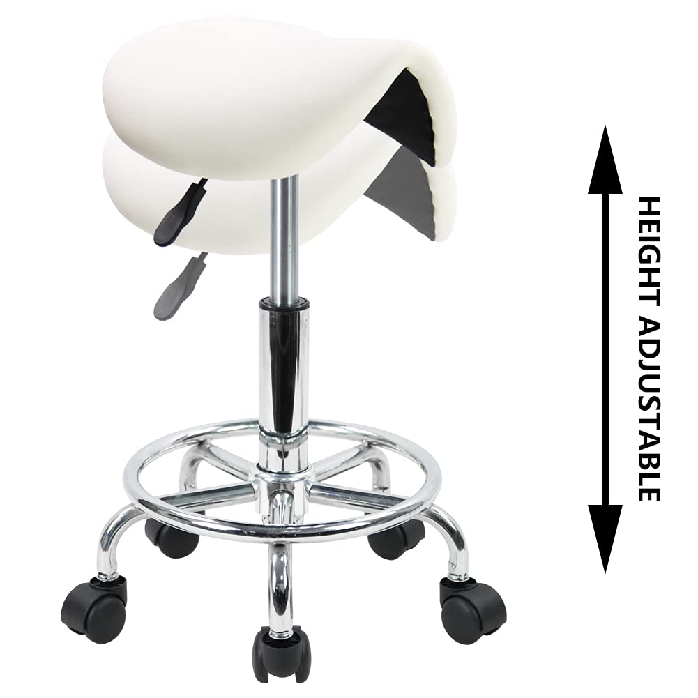 KKTONER White Saddle Stool with Footrest - Adjustable Rolling Salon Chair