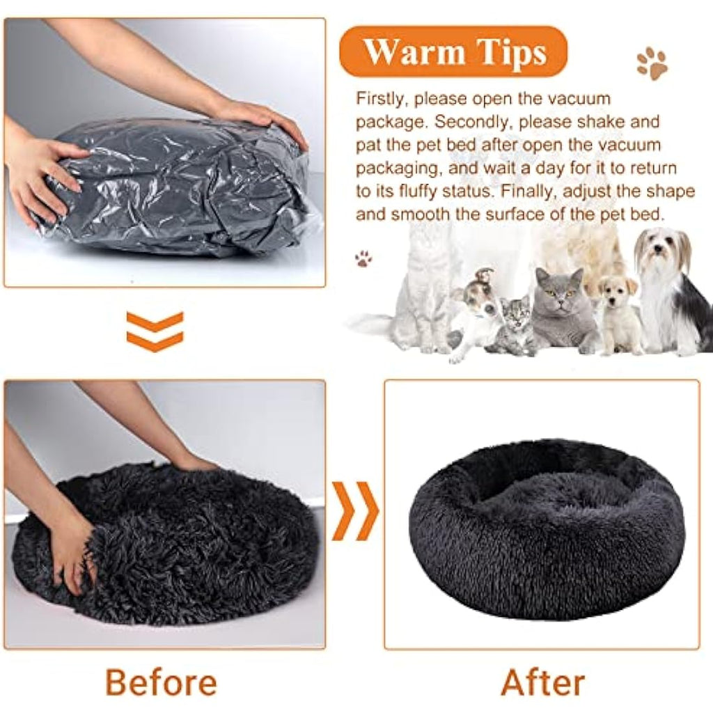 Calming Dog Bed – Washable Faux Fur Anti-Anxiety Bed, Dark Grey