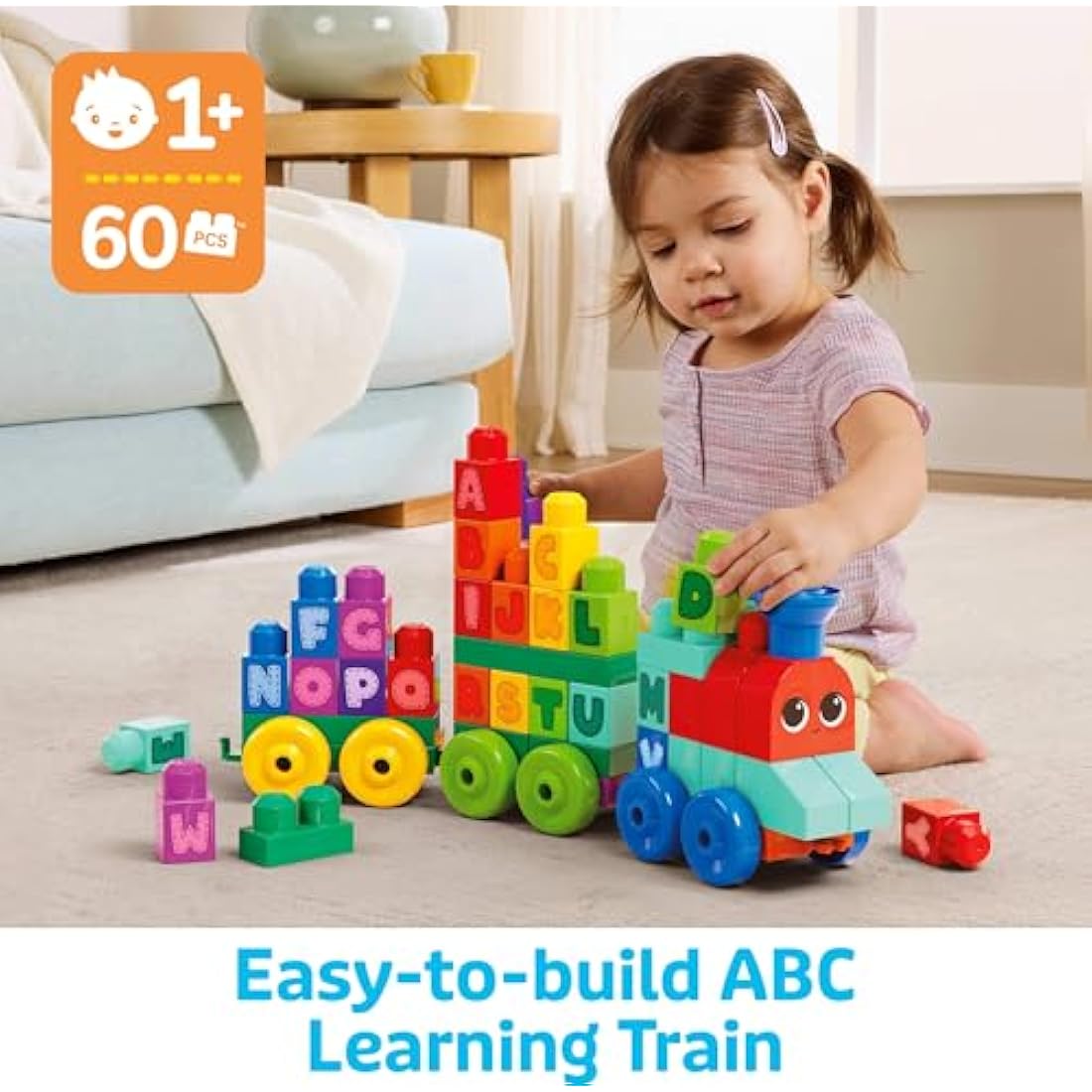 MEGA BLOKS ABC Learning Train – 60 Piece Toddler Building Blocks Set