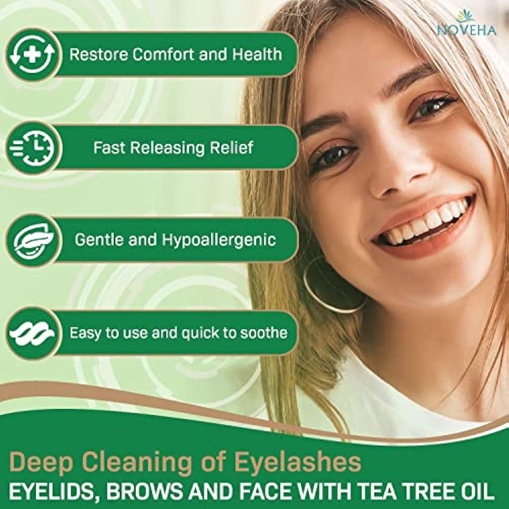 NOVEHA Tea Tree Eyelid & Lash Wipes - Blepharitis & Demodex Relief - 120ct