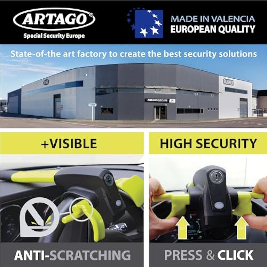 ARTAGO 870 Steering Wheel Lock – 120dB Alarm & Pre-Alarm Anti-Theft