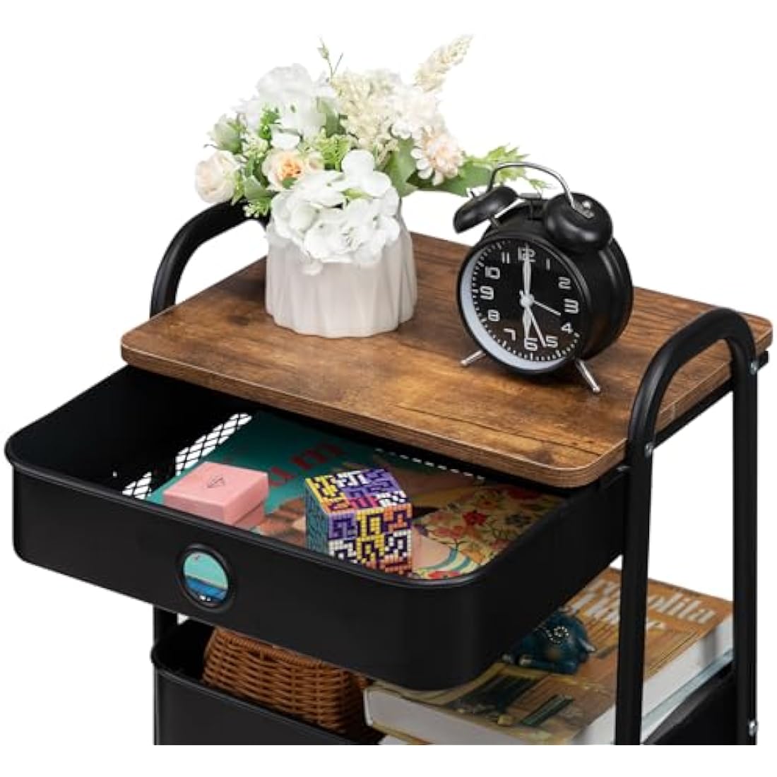 3-Tier Metal Rolling Storage Cart with Drawer | Black